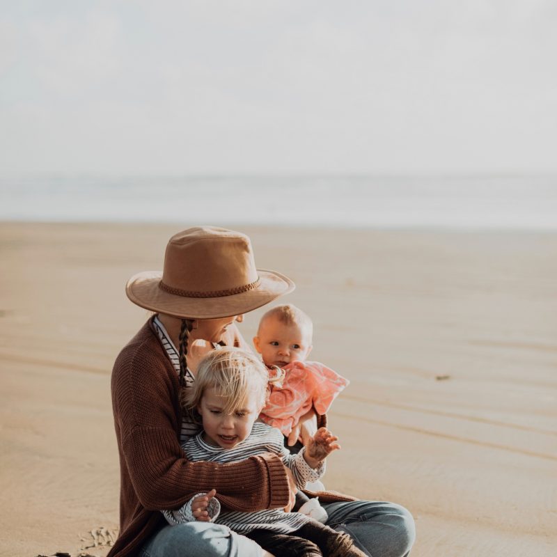 Mother and children sitting on beach
